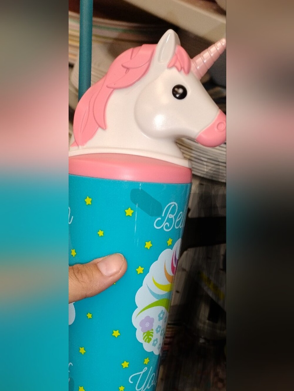 Pink & Teal Unicorn Head Lid & Unicorn Designed Water Bottle with a Teal Straw